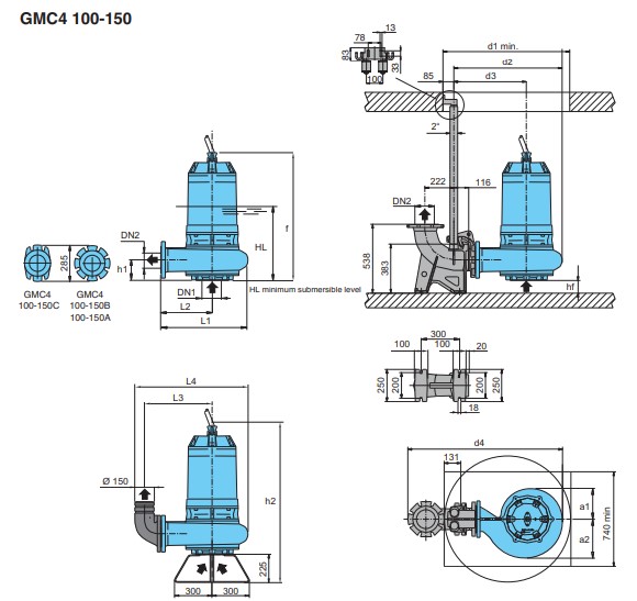Dimensions and weights CALPEDA รุ่น GMC4 100-150