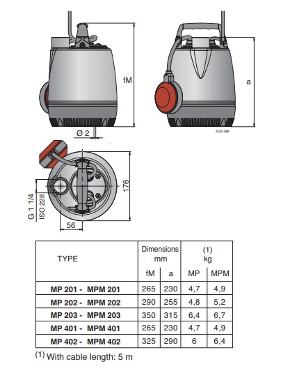 Dimensions and weights CALPEDA รุ่น MP Series